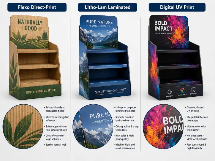Comparison of three corrugated display printing methods showing flexo direct-print corrugated board on the left litho-lam laminated display in the center and digital UV printed display on the right with detailed close-ups of print quality