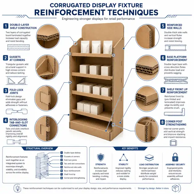 Corrugated display fixture reinforcement techniques diagram showing double-layer shelf construction gussets at corners fold-lock joints and interlocking tab-and-slot connections with callouts for each method