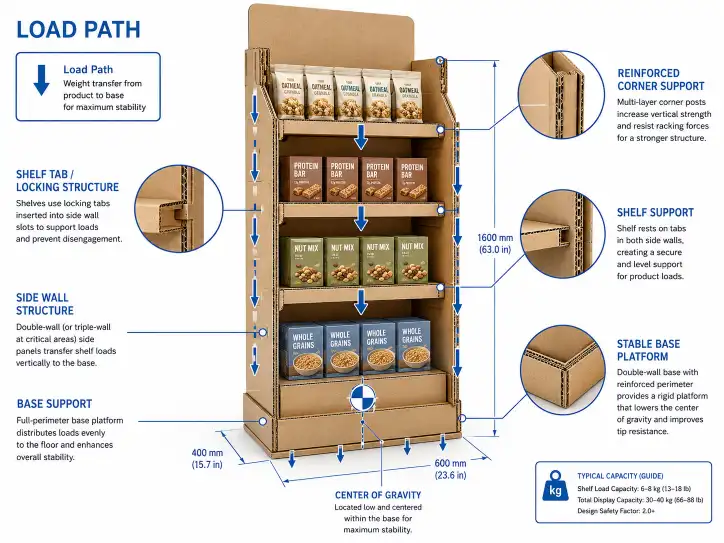 Corrugated display fixture structural diagram showing load paths from shelves down through side walls to base with reinforced corner supports and proper center of gravity placement