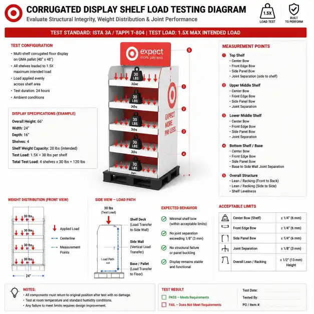 Corrugated display shelf load testing diagram showing weight distribution on a multi-shelf fixture with measurement points for panel bowing and joint separation under 1.5x load