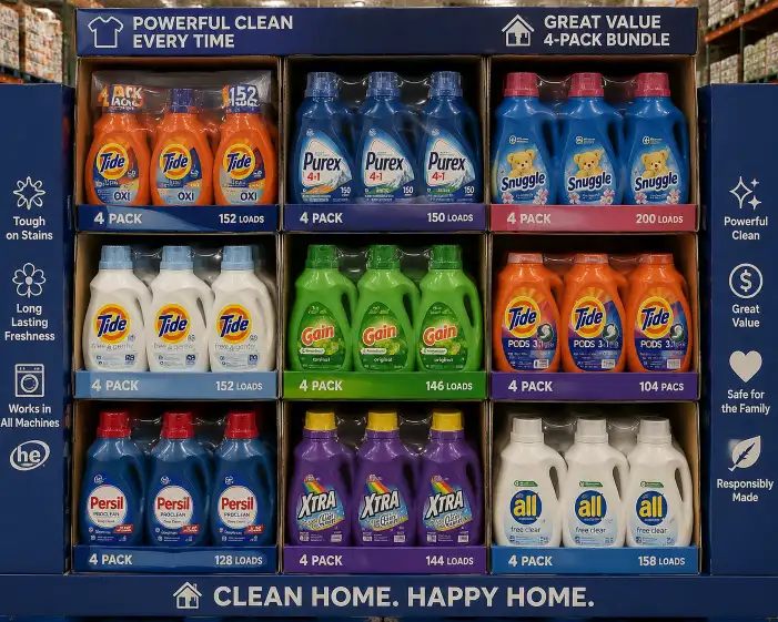 Multi-pack laundry detergent bundles in compartment-sized trays on a Costco household pallet display