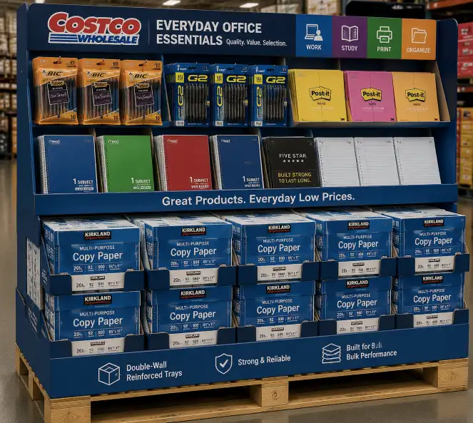 Copy paper reams in double-wall reinforced trays on the bottom layer of a Costco office supply display