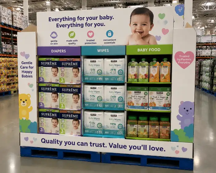 Costco pallet display for baby products showing diaper boxes, wipes, and baby food in organized corrugated compartments