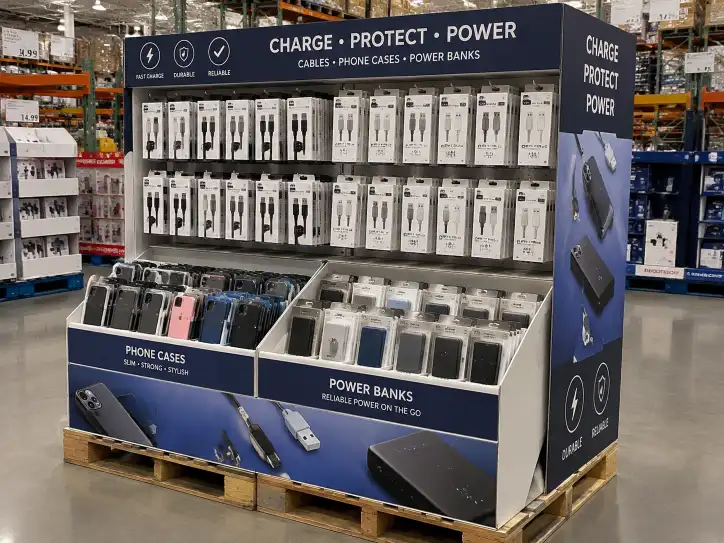 Costco pallet display for electronics with upper peg hooks holding charging cables and lower tray compartments holding phone cases and power banks, showing clear product separation and full-color branded graphics