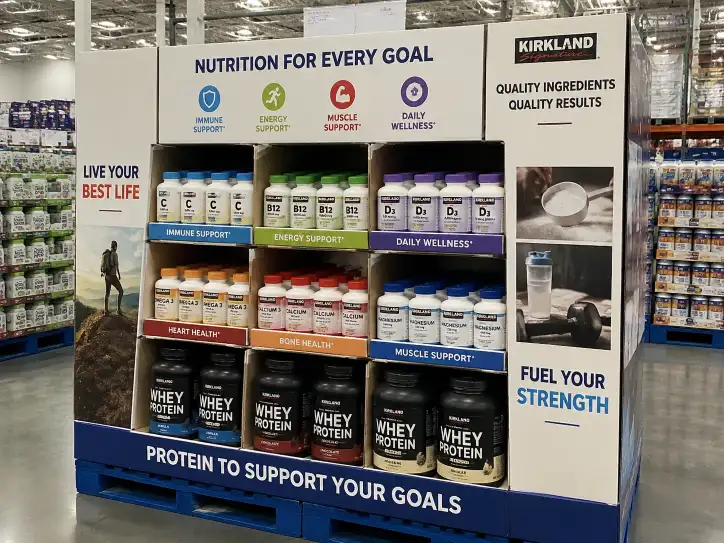 Costco pallet display for health supplements showing vitamin bottles and protein powder tubs in organized corrugated compartments