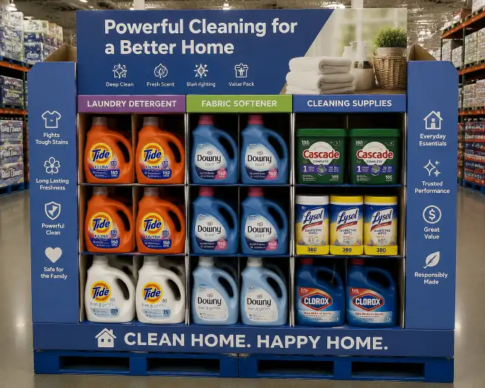 Costco pallet display for household products showing laundry detergent bottles and cleaning supplies in organized corrugated compartments