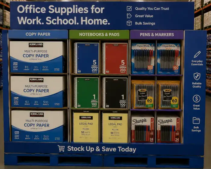 Costco pallet display for office supplies showing copy paper, notebooks, and pen sets in organized corrugated compartments