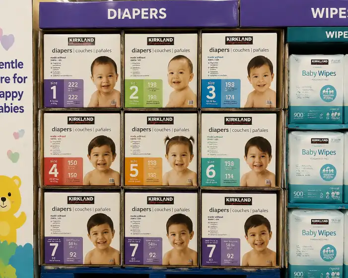 Diaper boxes in individual compartments on a Costco pallet display showing size labels clearly marked