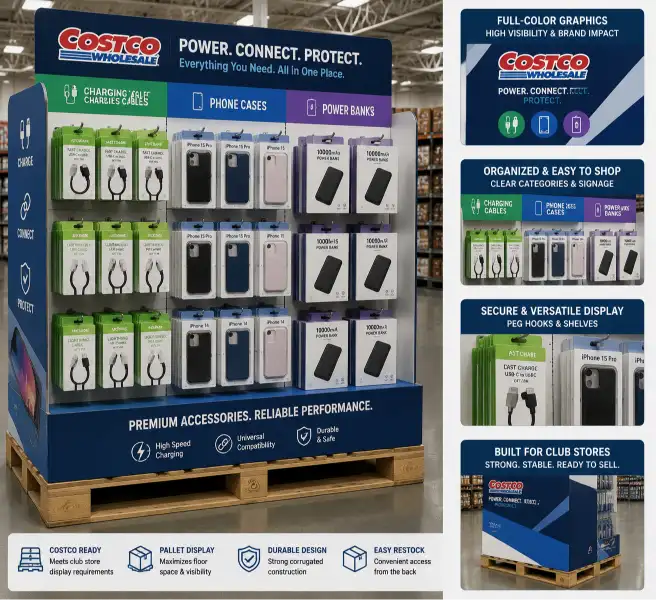Costco pallet display for electronics accessories showing organized rows of charging cables, phone cases, and power banks in a corrugated display with full-color graphics, individual compartments, and peg hooks for hanging items