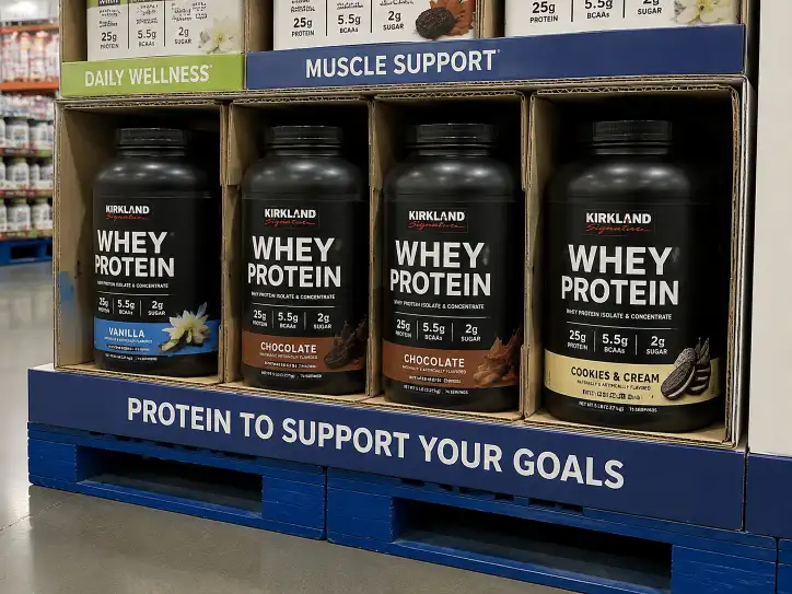 Protein powder tubs in reinforced double-wall corrugated compartments on the bottom layer of a Costco supplement display