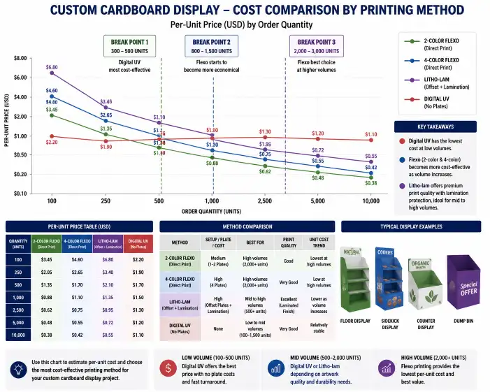 Custom cardboard display cost comparison chart showing per-unit price curves for flexo 2-color flexo 4-color litho-lam and digital UV printing across quantities from 100 to 10,000 units with volume break points marked