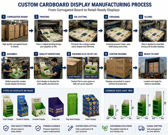Custom cardboard display manufacturing process showing corrugated board sheets being die-cut printed and assembled in a factory with different sizes and types of displays at various production stages