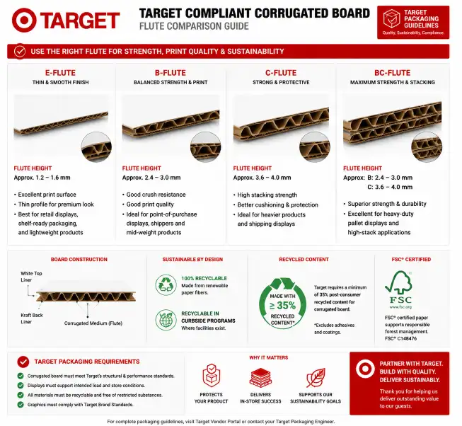 Target compliant corrugated board flute comparison showing E-flute B-flute C-flute and BC-flute with recycled content and FSC certification labels