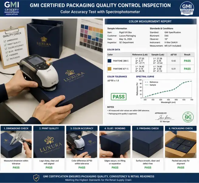 GMI certified packaging quality control inspection showing spectrophotometer color measurement on a printed rigid gift box with inspection report