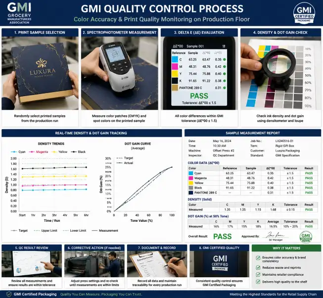 GMI quality control process showing spectrophotometer readings Delta E measurement on printed packaging samples and density dot gain tracking chart on production floor