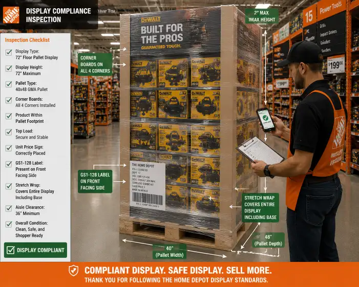 Home Depot display compliance inspection showing a 72-inch pallet display with corner boards on all four corners GS1-128 label on the front-facing side and stretch wrap covering the full display