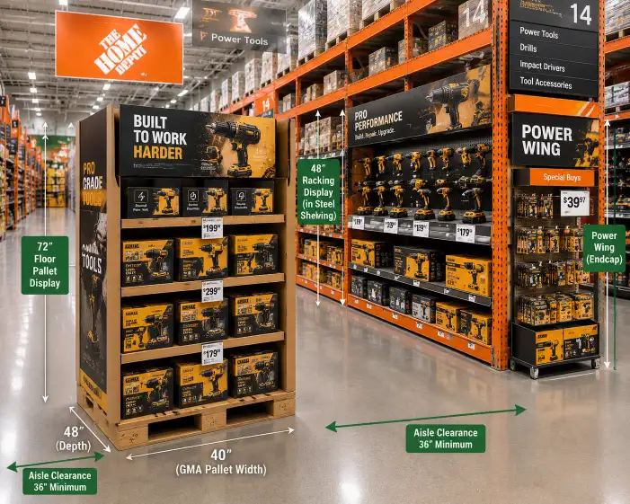 Home Depot display layout showing a 72-inch floor pallet display in a power aisle with a 48-inch racking display in the steel shelving system and a power wing on an endcap with proper aisle clearance