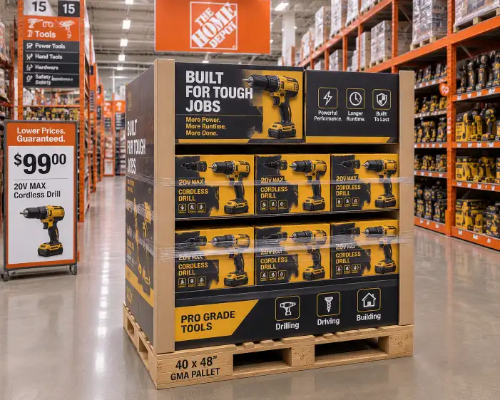 Home Depot pallet display in a home improvement aisle showing a heavy-duty corrugated or combination display on a 40x48 GMA pallet with power tools or hardware products and corner boards installed