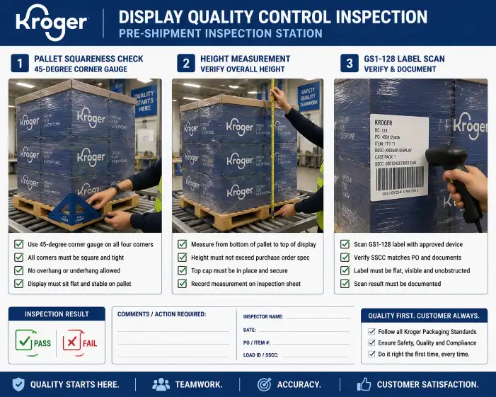 Kroger display quality control inspection showing pallet squareness check with 45-degree corner gauge height measurement and GS1-128 label scanning at the pre-shipment inspection station