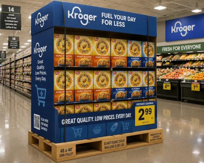 Kroger pallet display in a supermarket aisle showing a corrugated floor display on a 48x40 GMA pallet base with proper cross-strapping top cap and signage