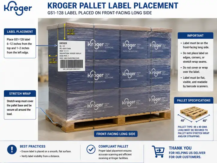 Kroger pallet label placement diagram showing the front-facing long side of a 48x40 GMA pallet with the GS1-128 label positioned 6-12 inches from the top left corner and the stretch wrap covering the pallet base