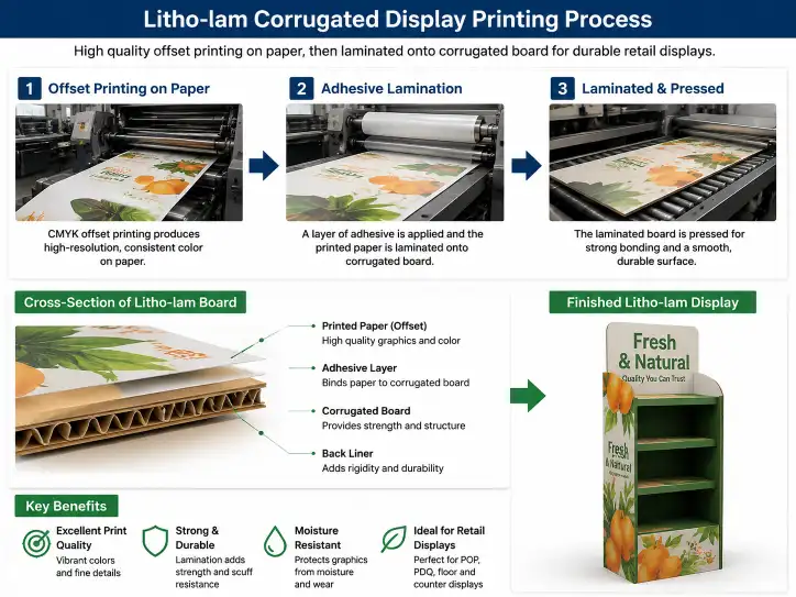 Litho-lam corrugated display printing process diagram showing offset printing onto paper then adhesive lamination onto corrugated board with cross-section view of the finished layers
