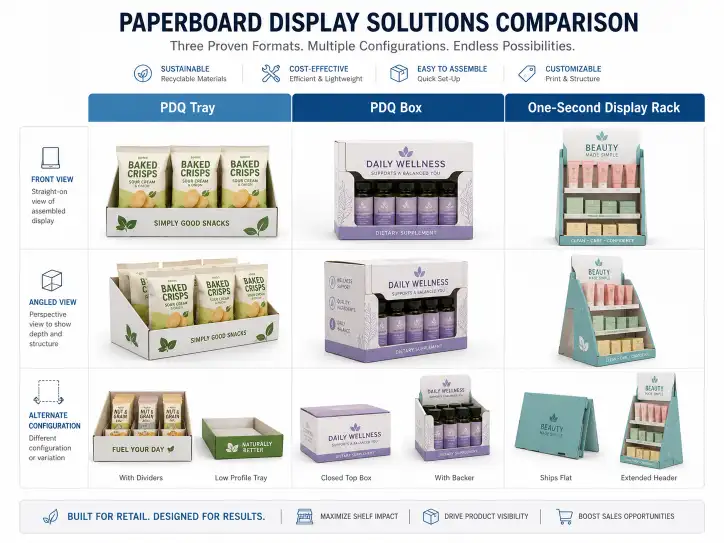 comparison of PDQ tray PDQ box and one-second display rack showing different configurations