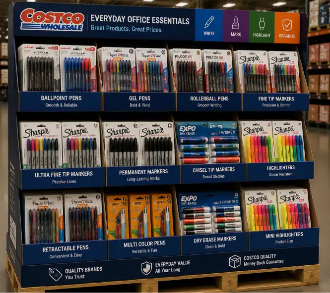 PDQ trays holding pens and markers in a Costco office supply display with category labels