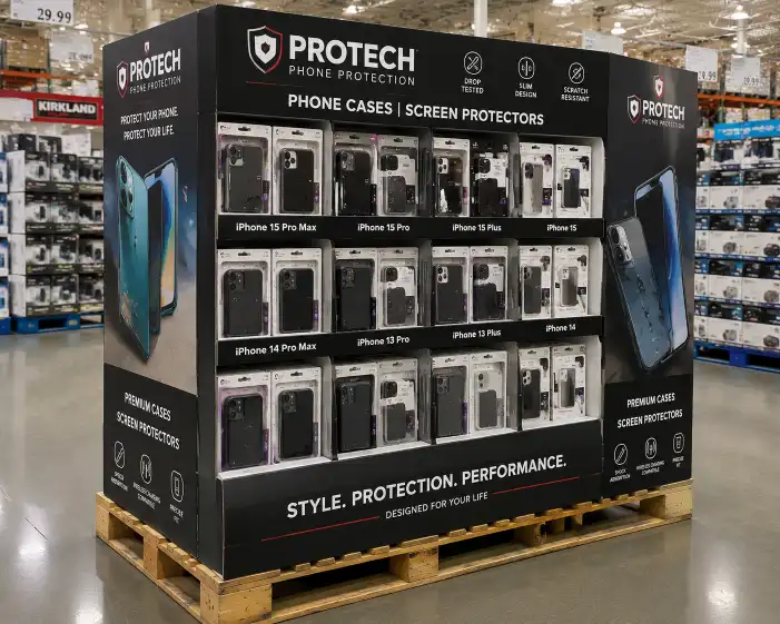Pallet display for phone cases and screen protectors at Costco showing organized rows of products in individual compartments with clear phone model labels, branded header, and full-color graphics on all four sides