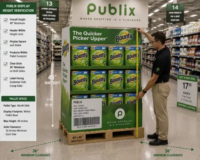 Publix display height verification showing a 48-inch measuring tape alongside a completed pallet display with the header clearly within the height limit and proper aisle clearance on both sides