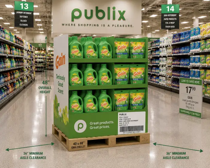 Publix pallet display showing a 40x48 GMA pallet at 48 inches height with proper labeling on the front-facing side inside a clean Publix grocery aisle with clear sightlines and aisle clearance
