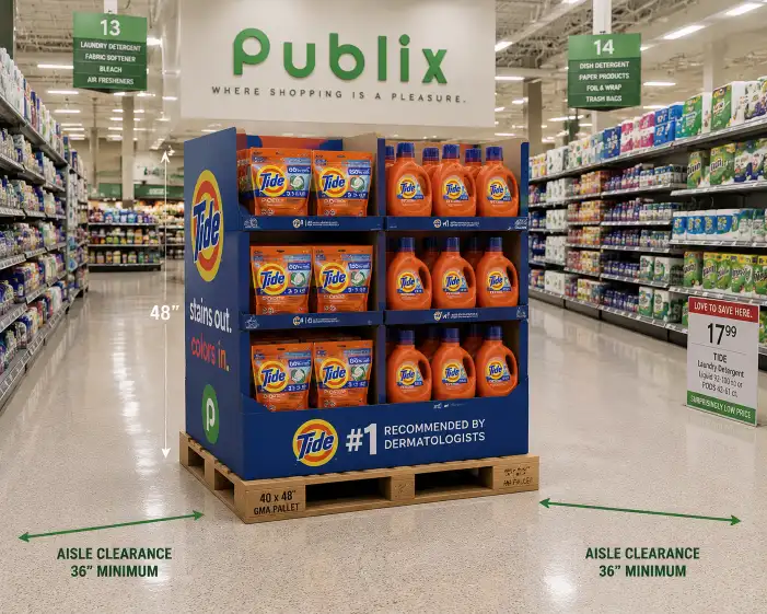 Publix pallet display in a clean grocery aisle showing a 40x48 GMA pallet display at 48 inches height with products arranged neatly within the pallet footprint and proper aisle clearance