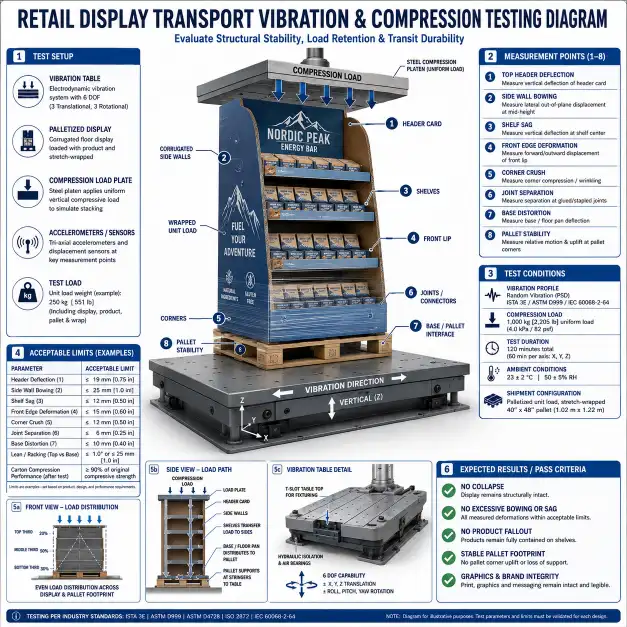 Retail display transport vibration and compression testing diagram showing a palletized display stack on a vibration table with compression load applied and measurement sensors at key structural points