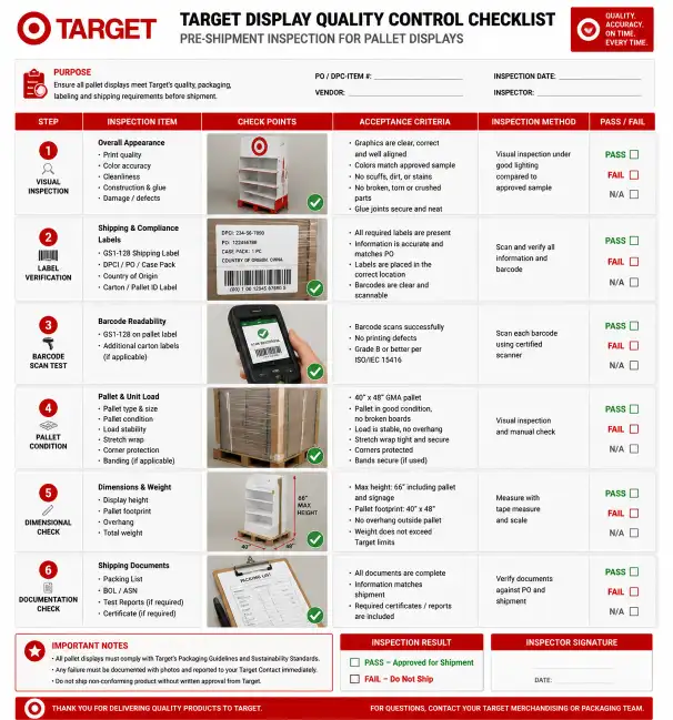 Target display quality control checklist showing pre-shipment inspection steps for pallet displays including label verification barcode scanning pallet condition and dimensional checks