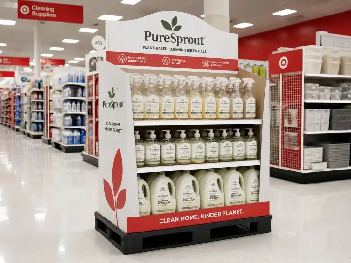 Target pallet display in a retail aisle showing a corrugated floor display on a GMA pallet base with clean white corrugate and brand accent colors with proper signage