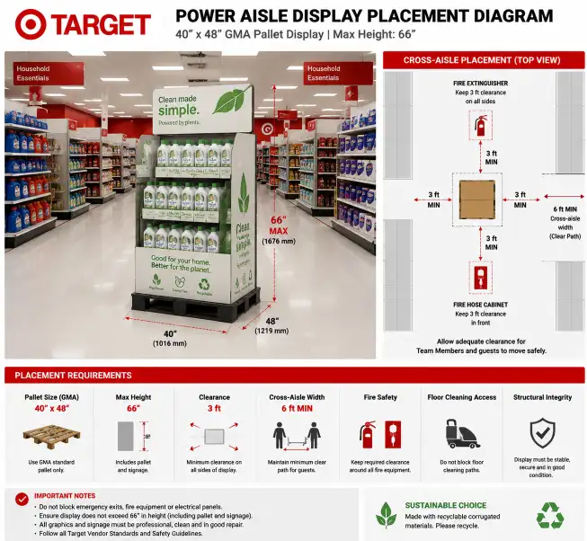 Target power aisle display placement diagram showing a 40x48 GMA pallet display at 66 inches height in a wide cross-aisle with proper clearance around fire safety equipment and floor cleaning access