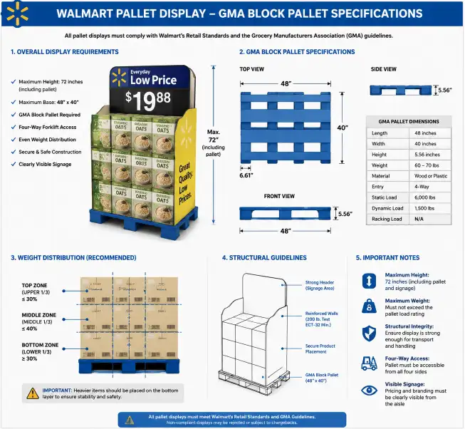 Walmart pallet display structural diagram showing GMA block pallet dimensions 48x40 inches with 72 inch height limit and weight distribution markings