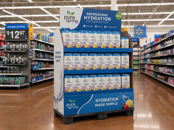 Walmart pallet display in a retail aisle showing corrugated display with products on a GMA pallet base with signage