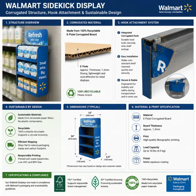 Walmart sidekick display corrugated structure showing recyclable materials E-flute corrugated board and attachment hook system with sustainability certification labels