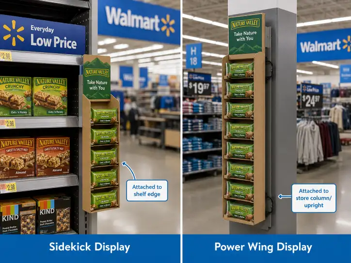 side by side comparison of a Walmart sidekick display hanging on an endcap shelf edge and a power wing display attached to a store column showing the difference in size and placement