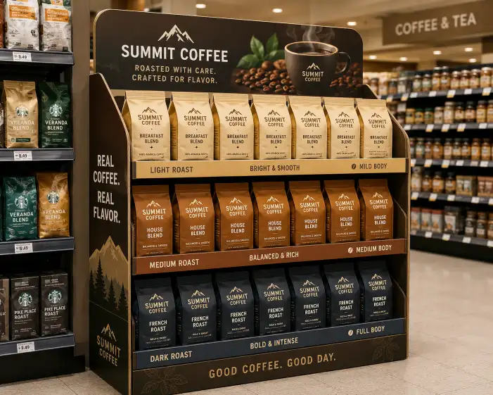 cardboard coffee display in a retail store with multiple rows of coffee bags organized by roast variety, showing clear flavor labels and branded header