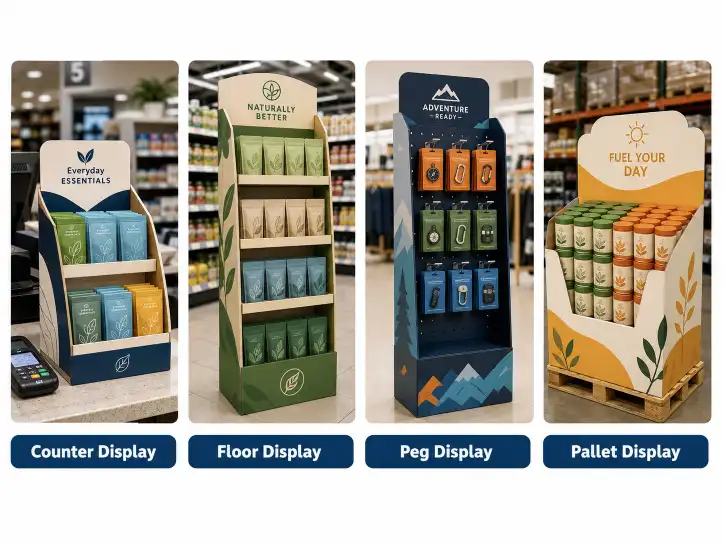 cardboard display types comparison showing counter display floor display peg display and pallet display