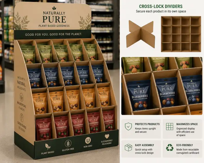 cardboard display with cross-lock dividers creating individual compartments for each product, showing organized rows of packaged items