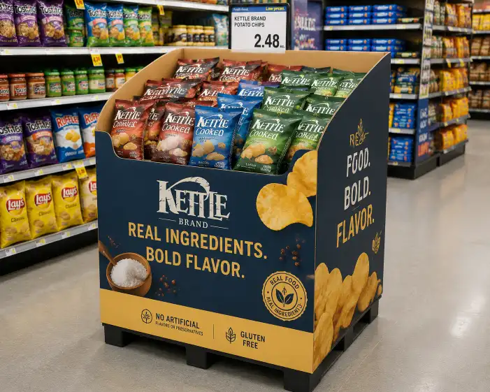 cardboard dump bin display filled with snack products in a supermarket aisle, showing open-top design and branded front panel