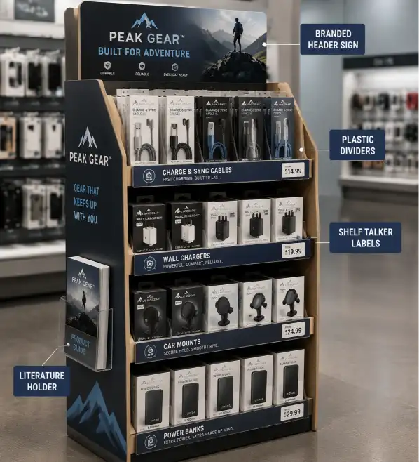 cardboard floor display with multiple accessories including a branded header sign, shelf talker labels on each shelf, plastic dividers between product rows, and a literature holder attached to the side panel