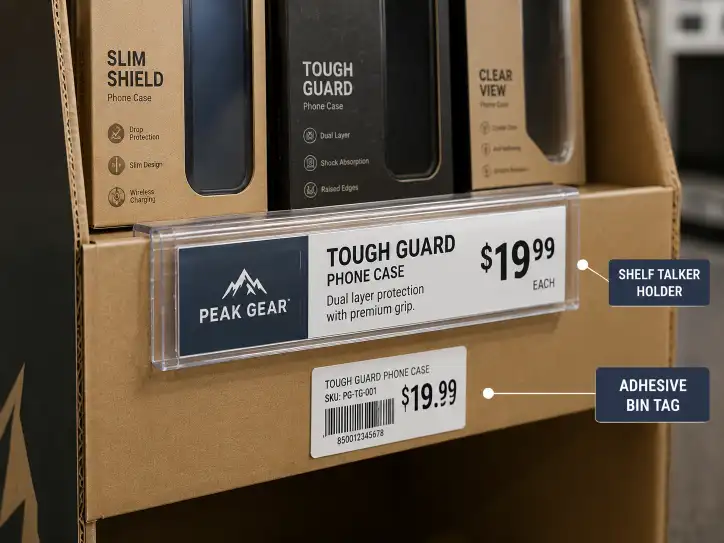 close-up of a cardboard display shelf showing a clear plastic shelf talker holder mounted on the front edge with a printed price card inserted, and a small adhesive bin tag below