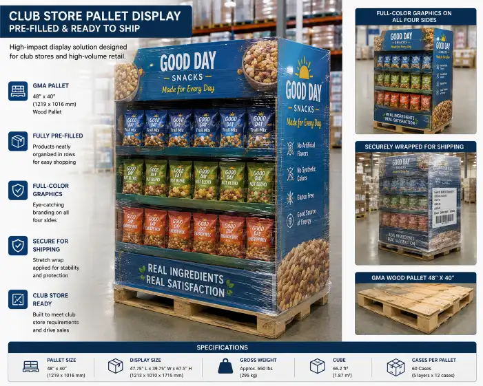 club store pallet display showing a pre-filled corrugated display on a GMA wood pallet with full-color graphics on all four sides, product visible and organized in rows, with stretch wrap applied for shipping
