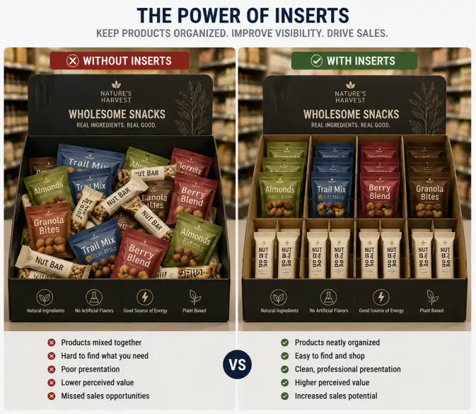 comparison of a retail display with and without inserts — the left side shows products mixed together and messy, the right side shows the same products organized with cross-lock dividers in neat rows