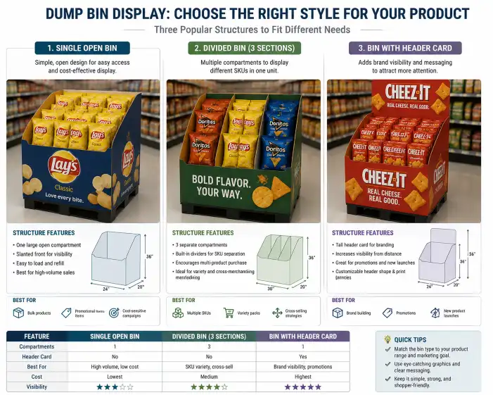 comparison of different dump bin types — single open bin, divided bin with three sections, and bin with header card — showing structural differences