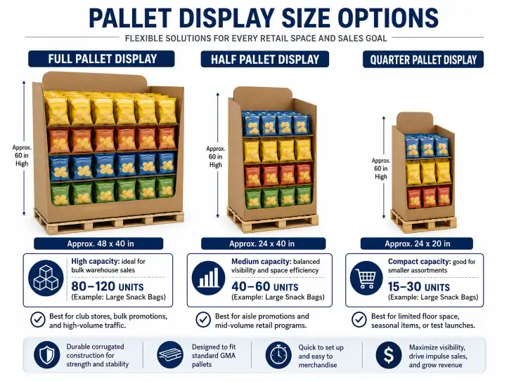 comparison of full half and quarter pallet display sizes with product capacity examples